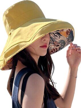 Women Wide Brim Summer Sun Hat Wired Edge Beach Bucket Fishing Hats Yellow